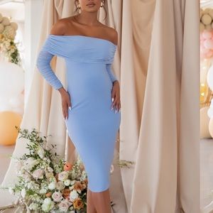 POWDER BLUE MATERNITY RUCHED MESH BARDOT MIDI DRESS